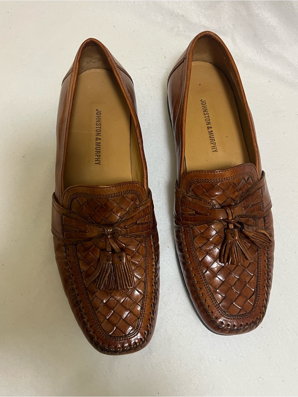 Johnston & Murphy Tan Woven Leather Tassel Loafers
